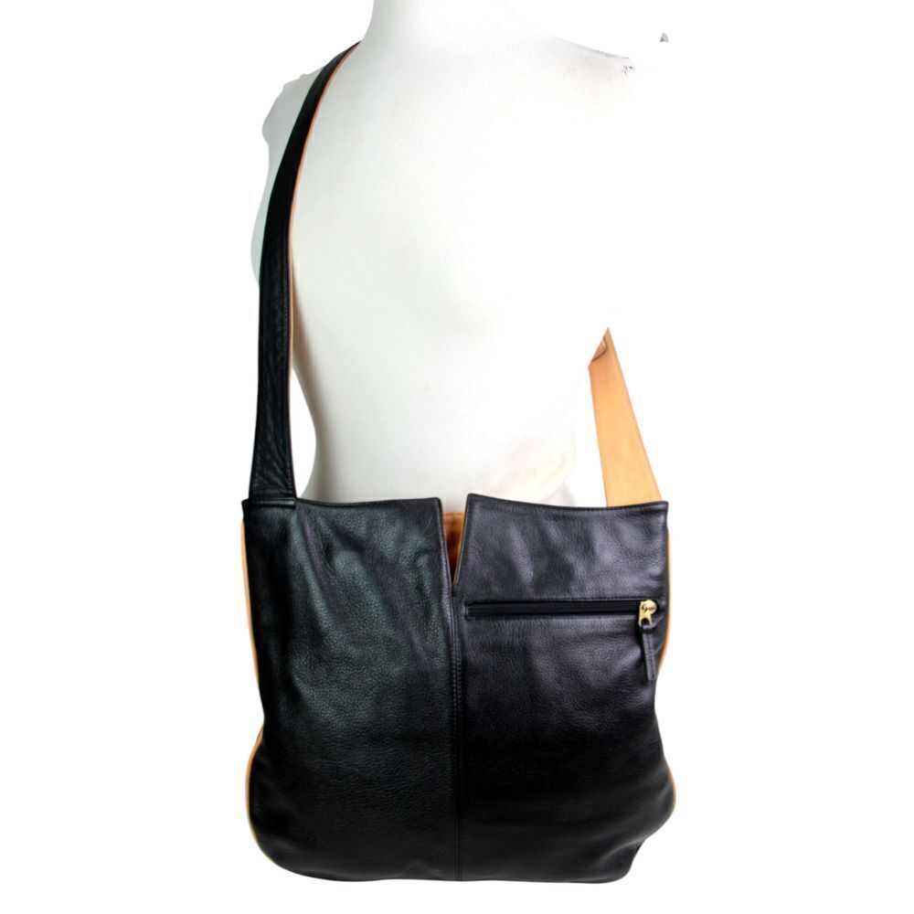 J.P. OURSE & CIE BLACK GENUINE LEATHER BROWN TRIM ORGANIZER X-BODY SHOULDER BAG